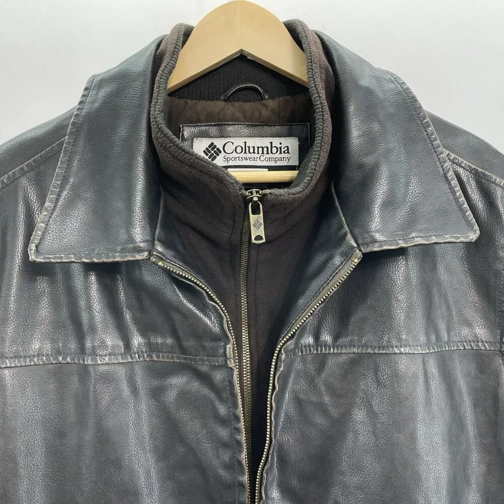 Columbia Faux Leather Bomber Jacket Aviator Distressed Full Zip Brown Mens L